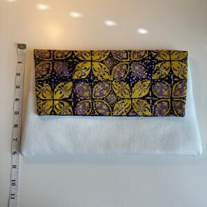 White Clutch Envelope Fold Over Genuine Leather Batik Print Lined Cotton